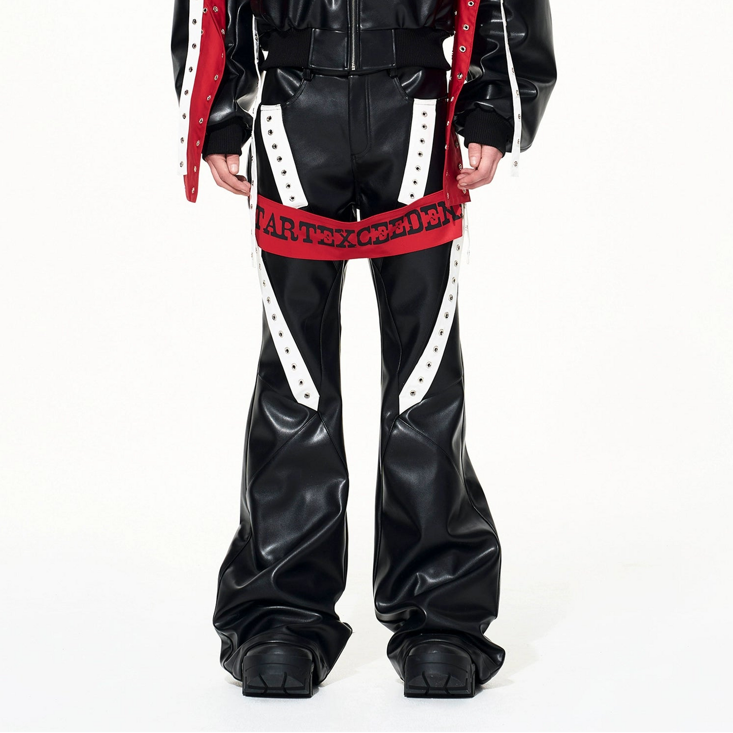 Contrast Ribbon Stand Neck PU Leather Jacket & Contrast PU Leather Flare Pants Setup WN22646