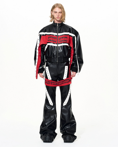 Contrast Ribbon Stand Neck PU Leather Jacket & Contrast PU Leather Flare Pants Setup WN22646