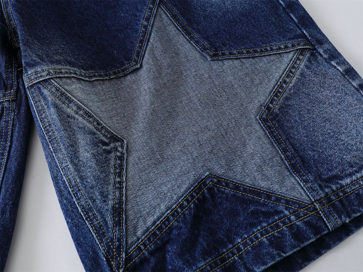 Washed Damage Star Patchwork Knee-Length Denim Jeans WN26810