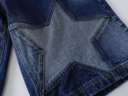 Washed Damage Star Patchwork Knee-Length Denim Jeans WN26810