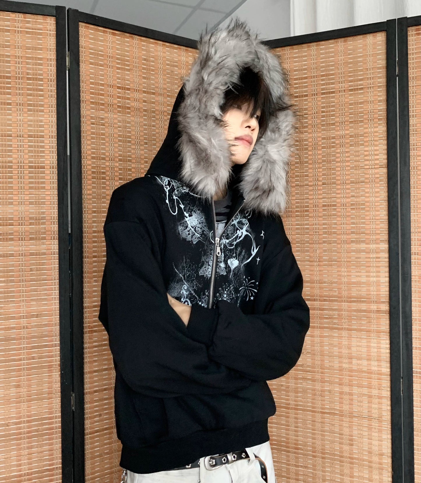 Half-Zip Fake Fur-Collar Art Print Hoodie WN22207