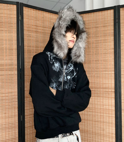 Half-Zip Fake Fur-Collar Art Print Hoodie WN22207