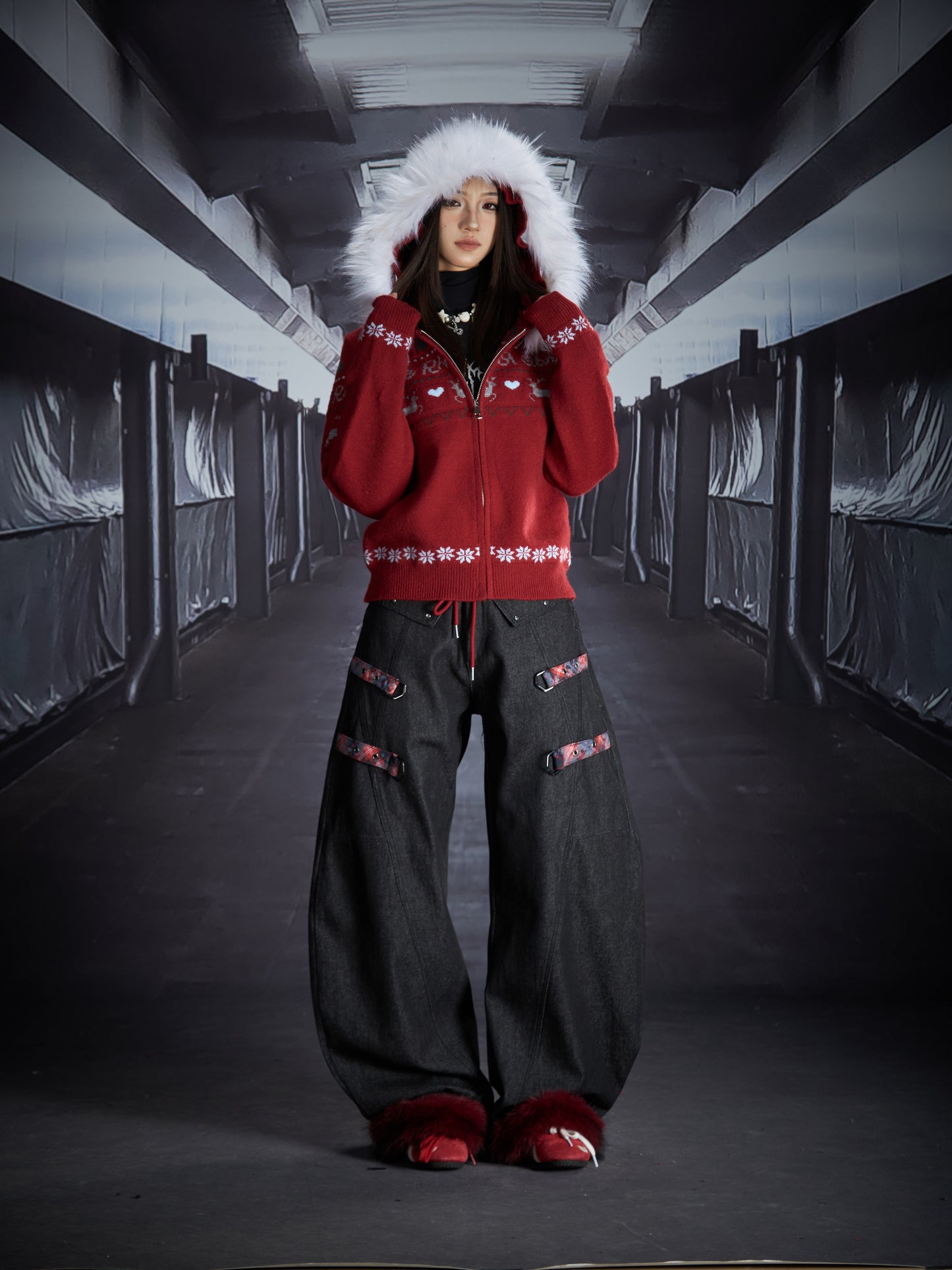 Detachable Fake Fur Hooded Zipper Knit Cardigan WN22845