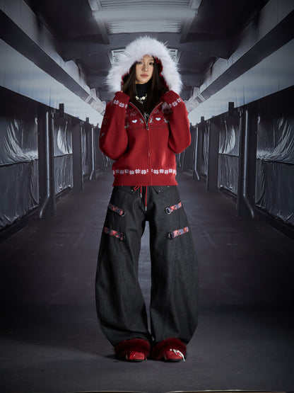 Detachable Fake Fur Hooded Zipper Knit Cardigan WN22845