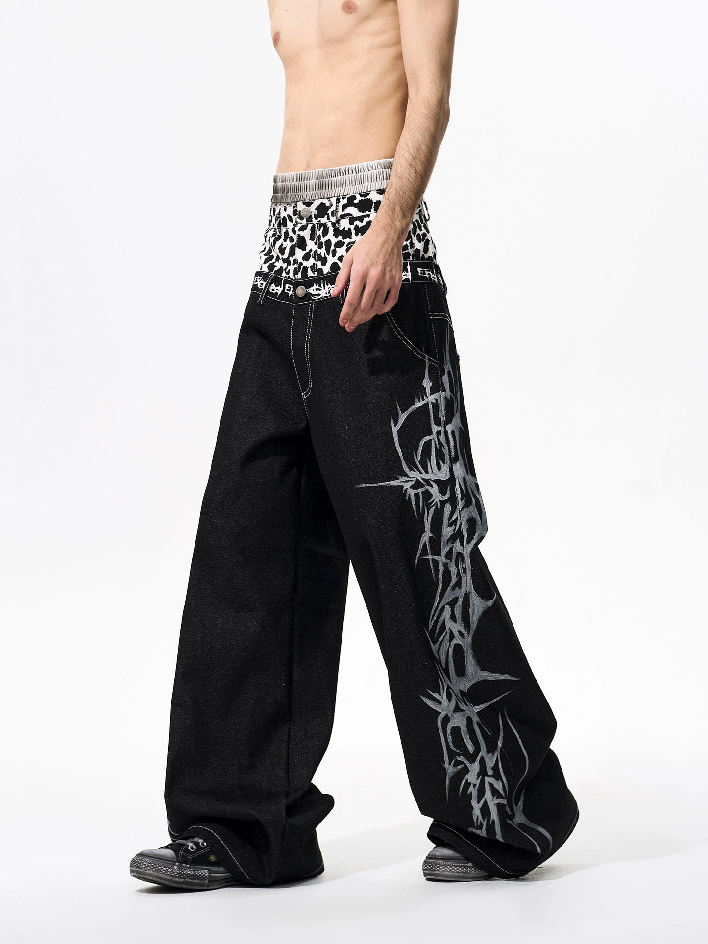 Leopard Mix Print Double Waist Denim Jeans WN21777