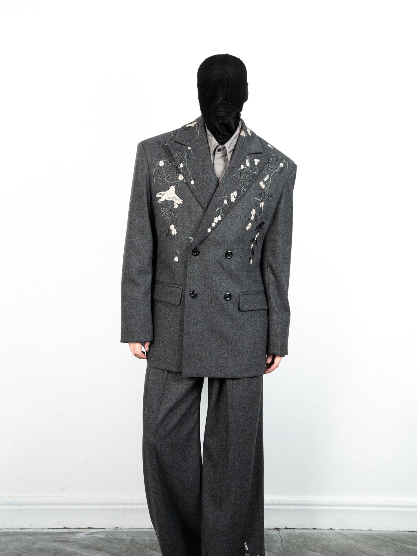 Floral Embroidery Double-Breasted Tailored Jacket & Wide-Leg Trousers Setup WN23629