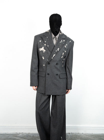 Floral Embroidery Double-Breasted Tailored Jacket & Wide-Leg Trousers Setup WN23629