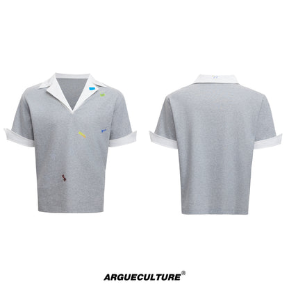 Sticker Print V-Neck Fake Layered Short Sleeve Polo T-Shirt WN18375
