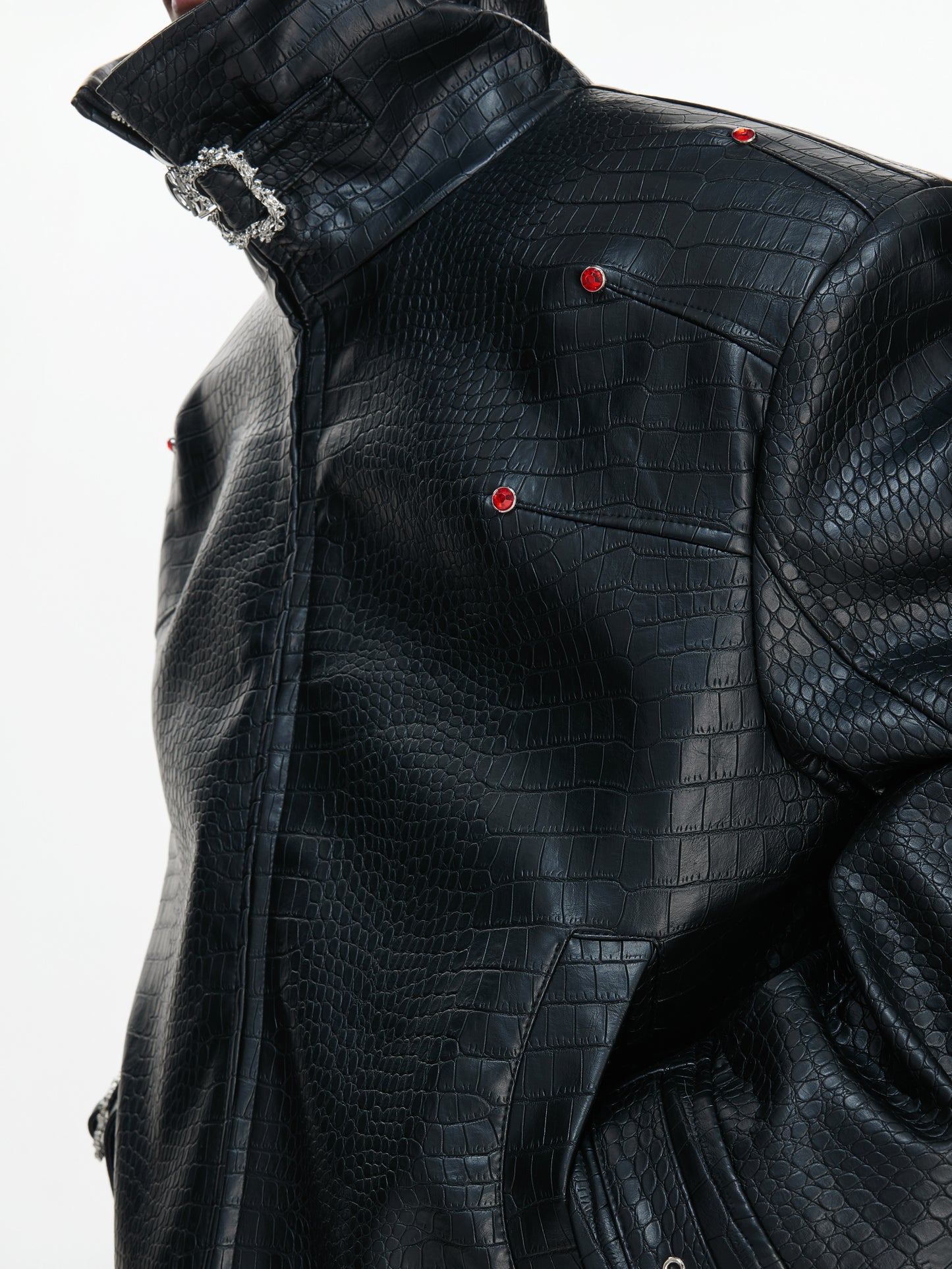 Crocodile Texture Stand Neck Palace Button Short Jacket WN23307