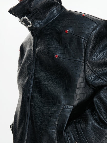 Crocodile Texture Stand Neck Palace Button Short Jacket WN23307