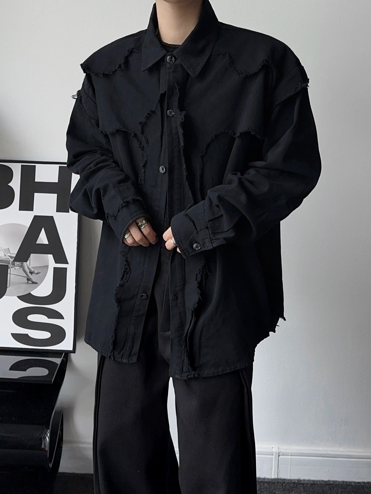 Washed Raw Hem Oversize Long Sleeve Shirt WN19341