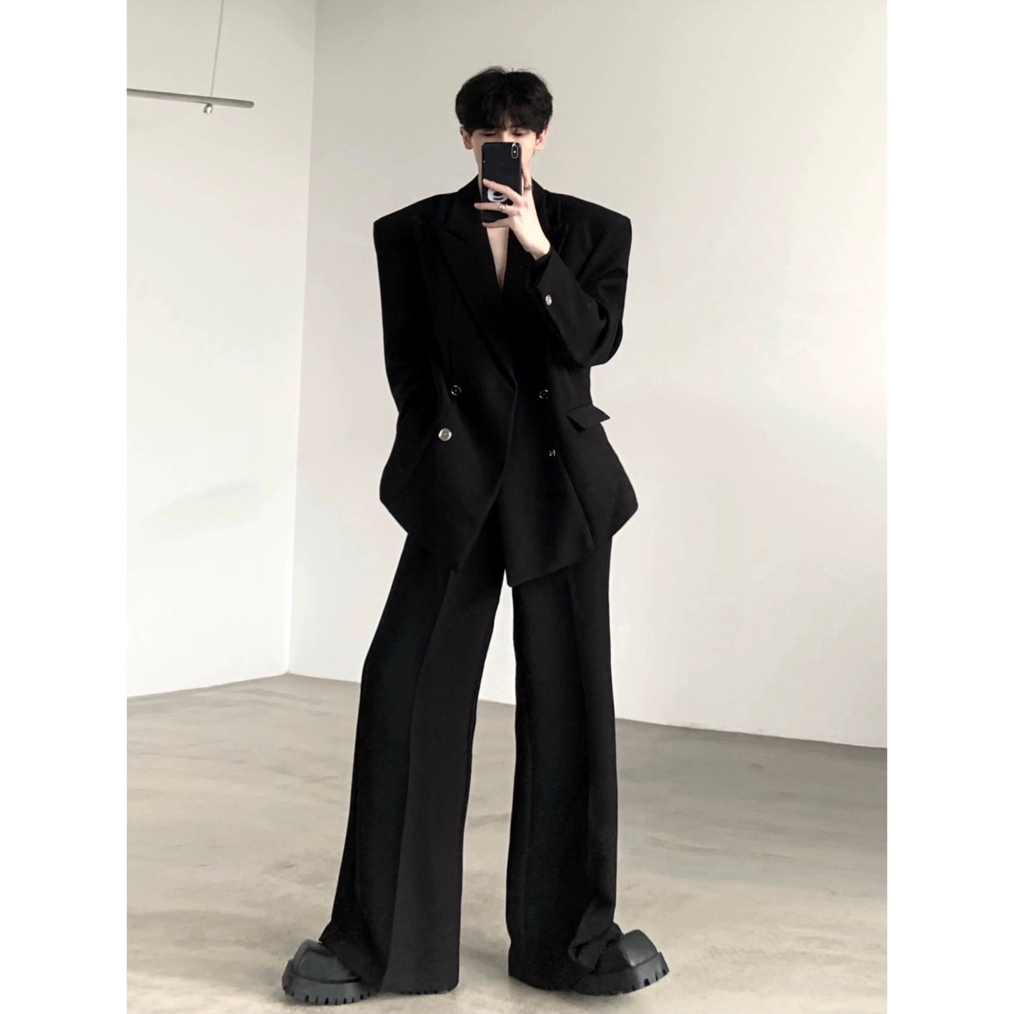 Shoulder Pad Double Collar Tailored Jacket & Wide-Leg Straight Trousers Setup WN9192