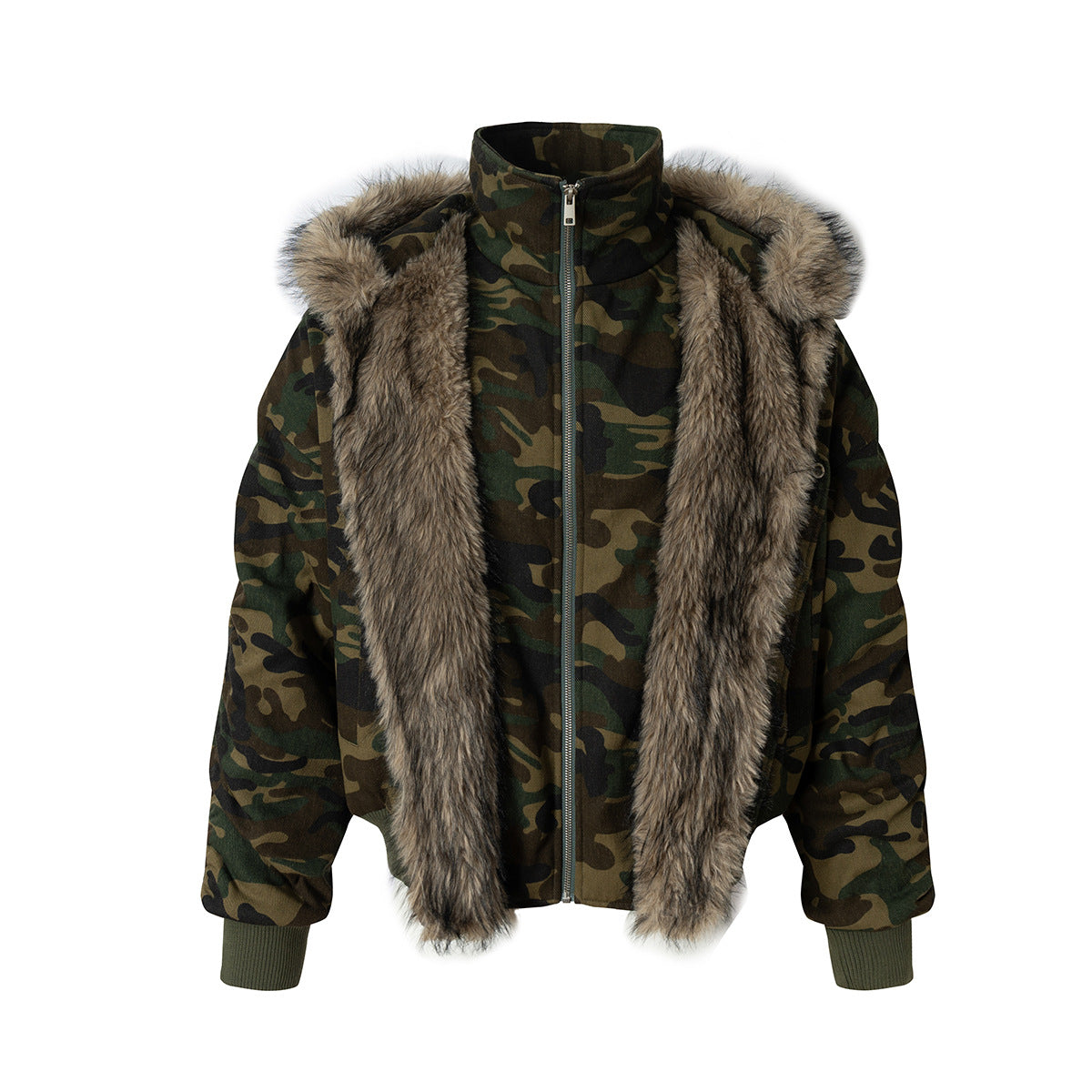 Fake Fur Collar Camouflage Fake Layered Puffer Jacket WN21898