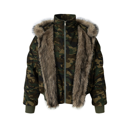 Fake Fur Collar Camouflage Fake Layered Puffer Jacket WN21898