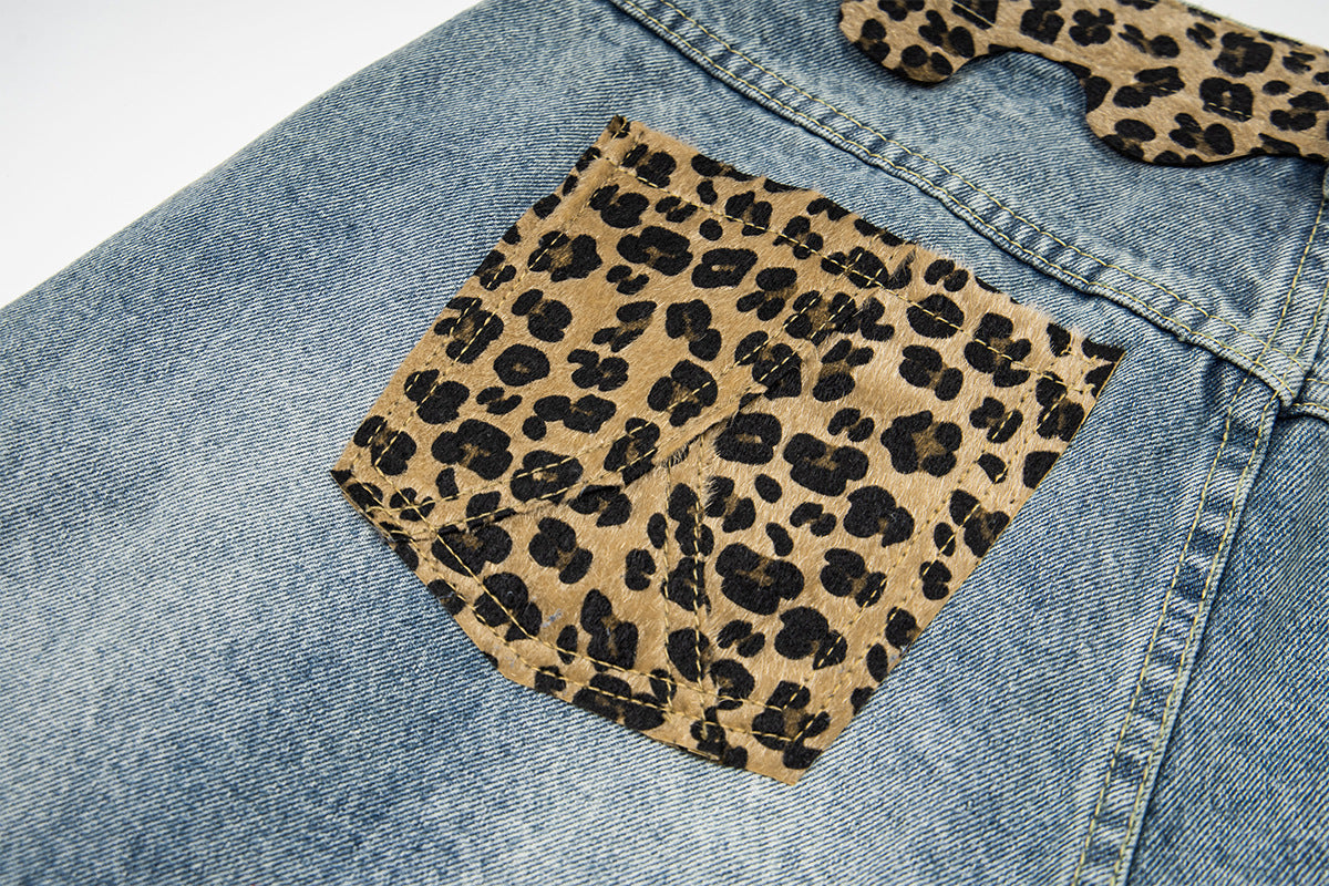 Leopard Print Damage Half Denim Jeans WN25462