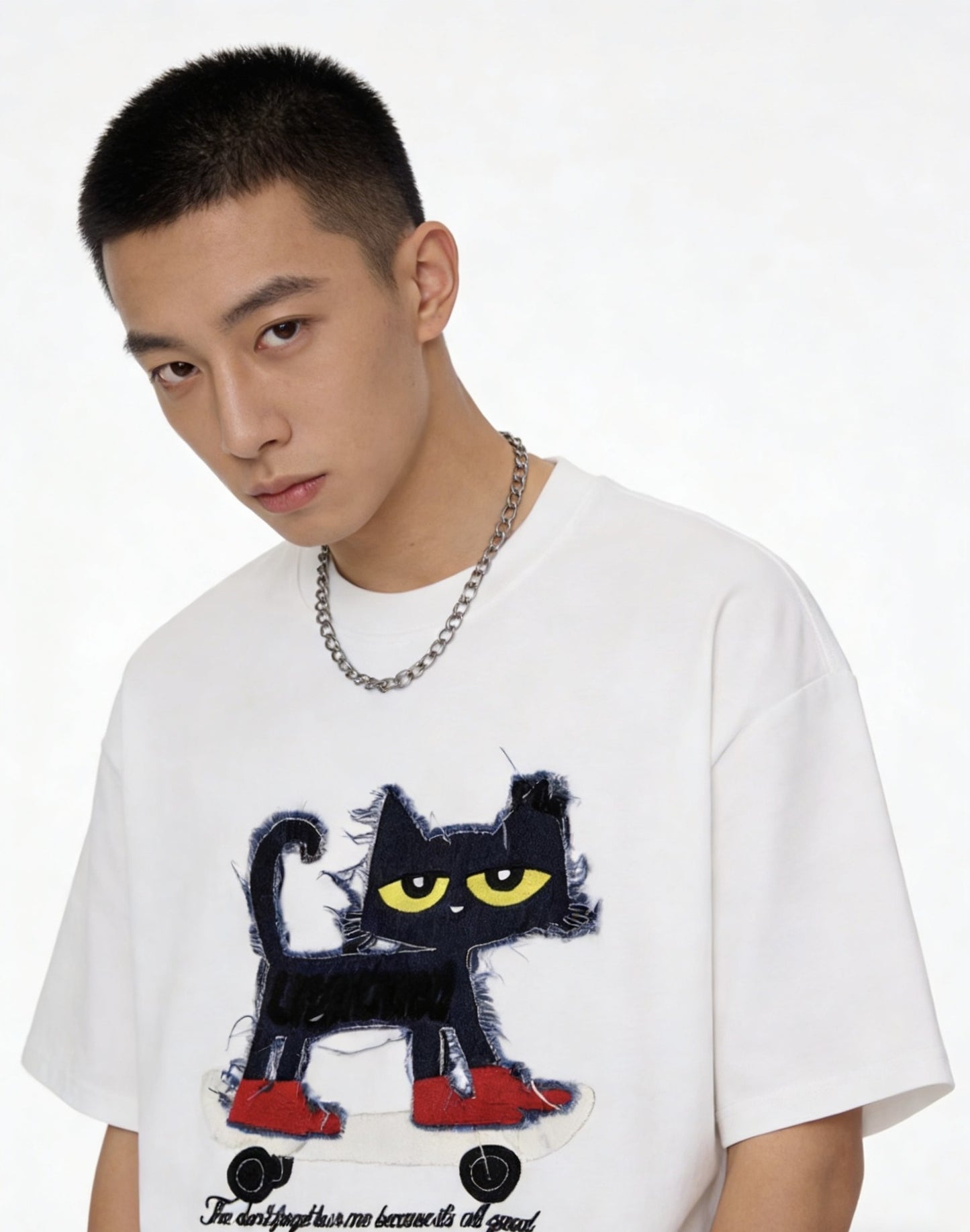 Cat Applique Embroidery Short Sleeve T-Shirt WN25665