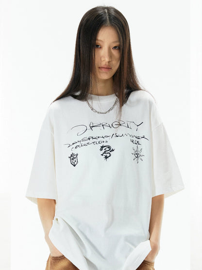 Hand-Drawn Print Oversize Short Sleeve T-Shirt WN18918