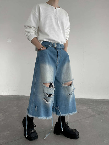 Distressed Raw Edge Denim Half Jeans WN19275