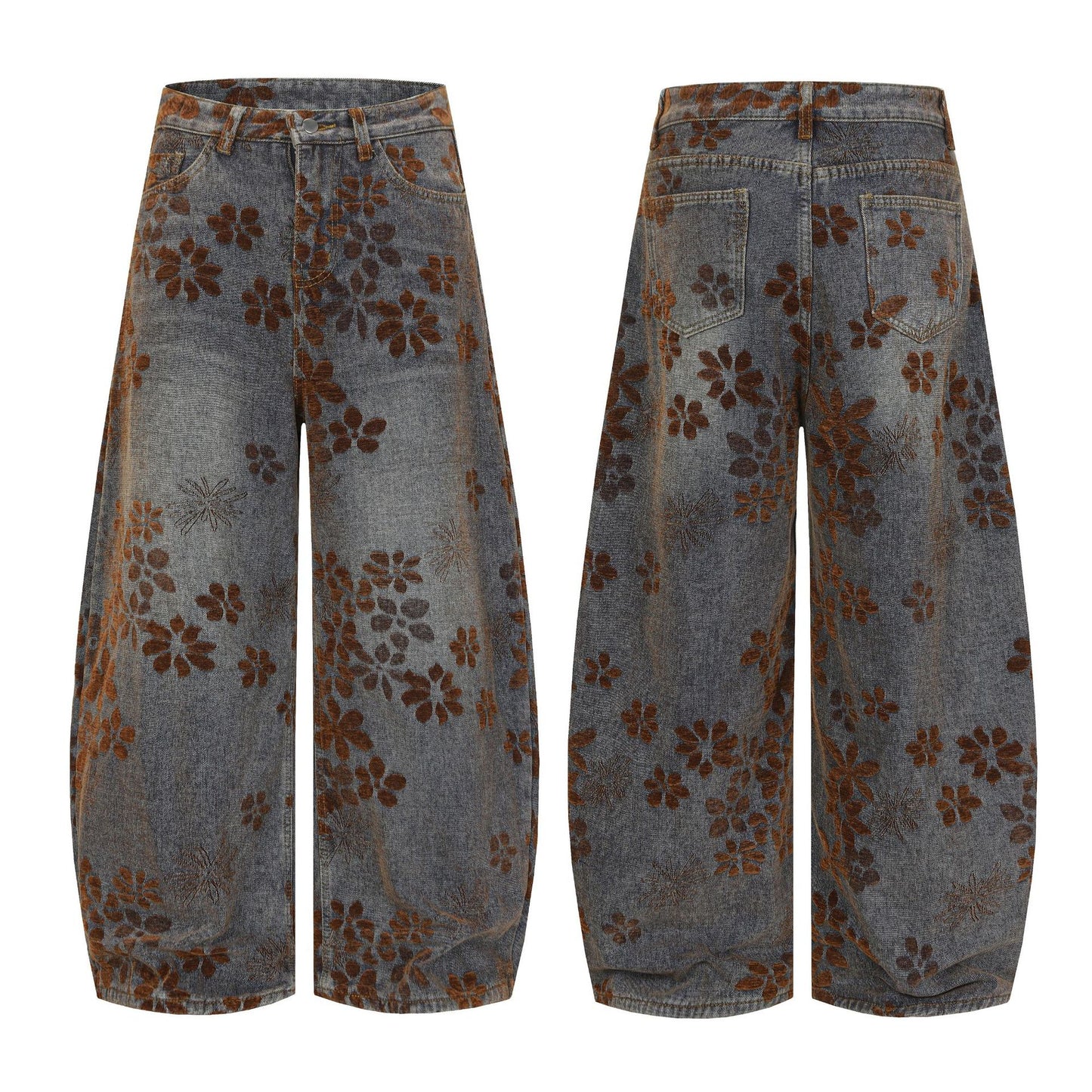 Flocked Wide Leg Curved Denim Jeans WN23031