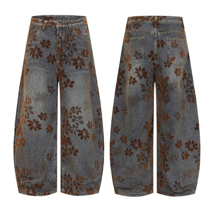 Flocked Wide Leg Curved Denim Jeans WN23031