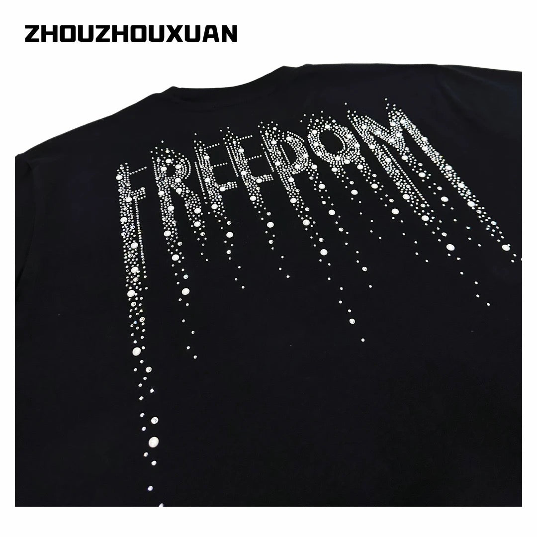 Rhinestone Pearl Letter Short Sleeve T-Shirt WN20697