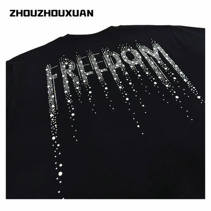 Rhinestone Pearl Letter Short Sleeve T-Shirt WN20697