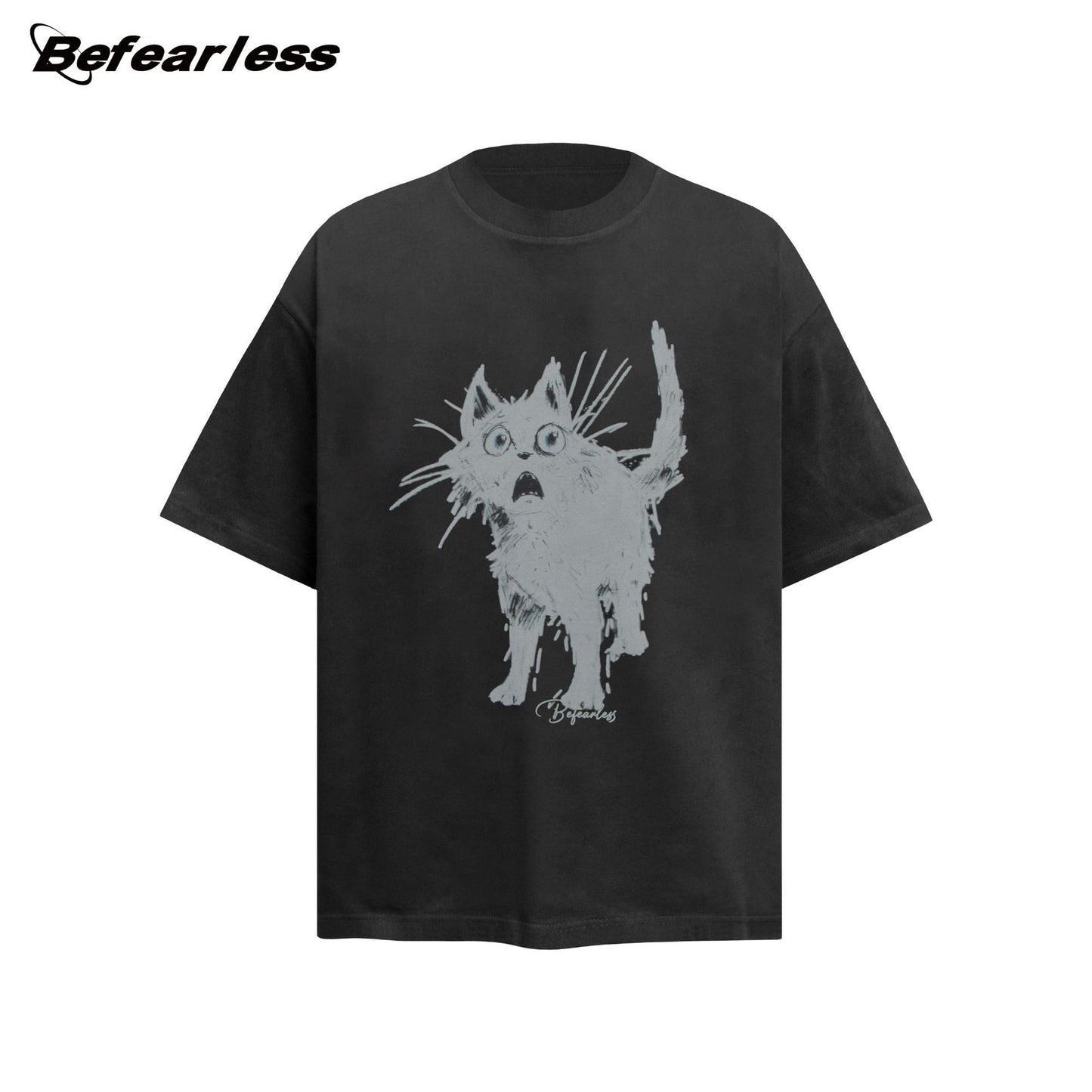 Surprised Cat Print Oversize Short Sleeve T-Shirt WN26358