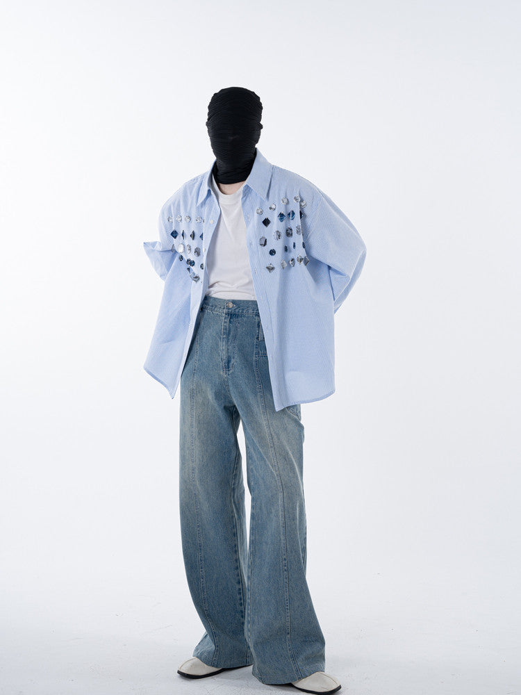 Stripe Gem Button Design Long Sleeve Shirt WN23616