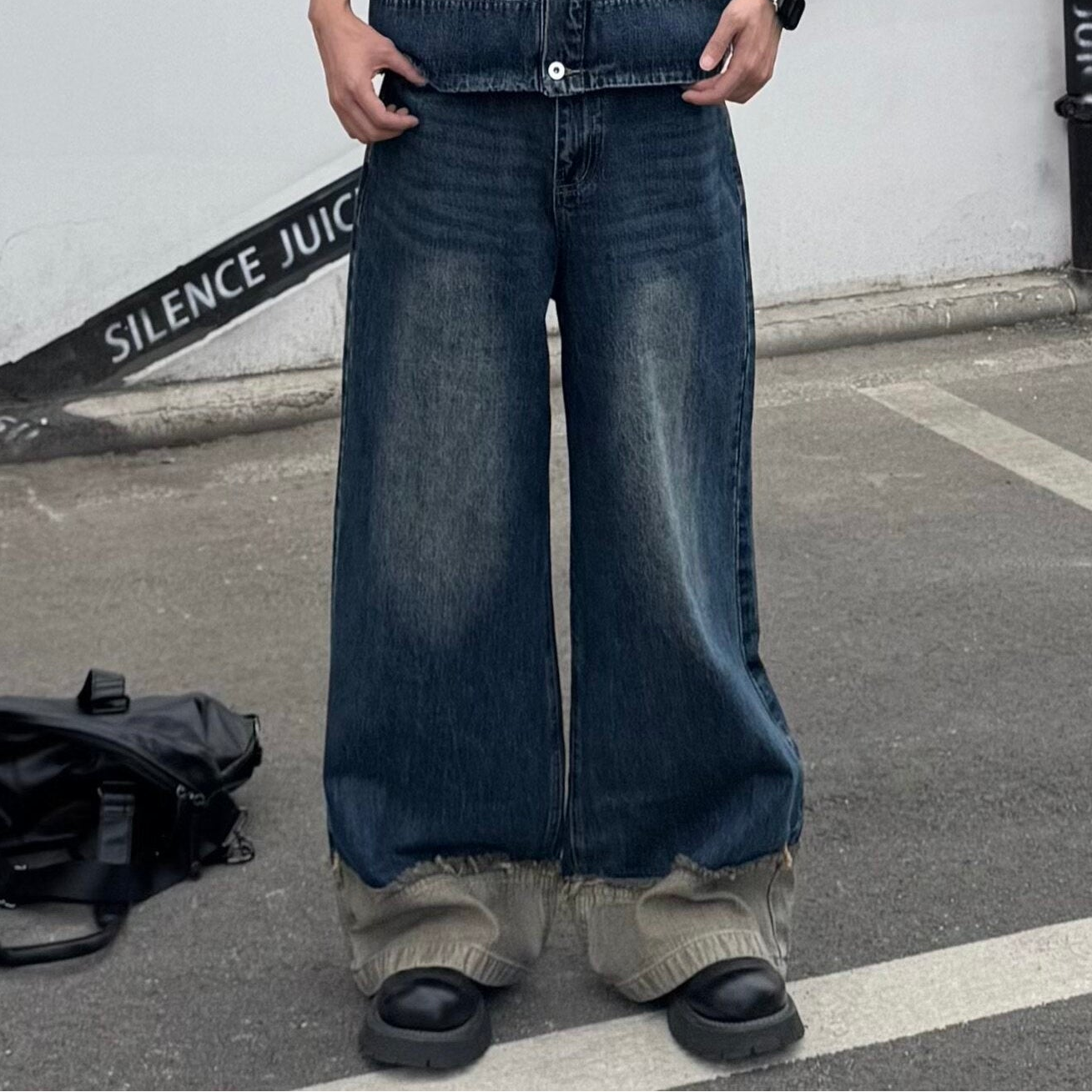 Contrast Cuff Denim Jacket & Wide Leg Denim Jeans Setup WN25367
