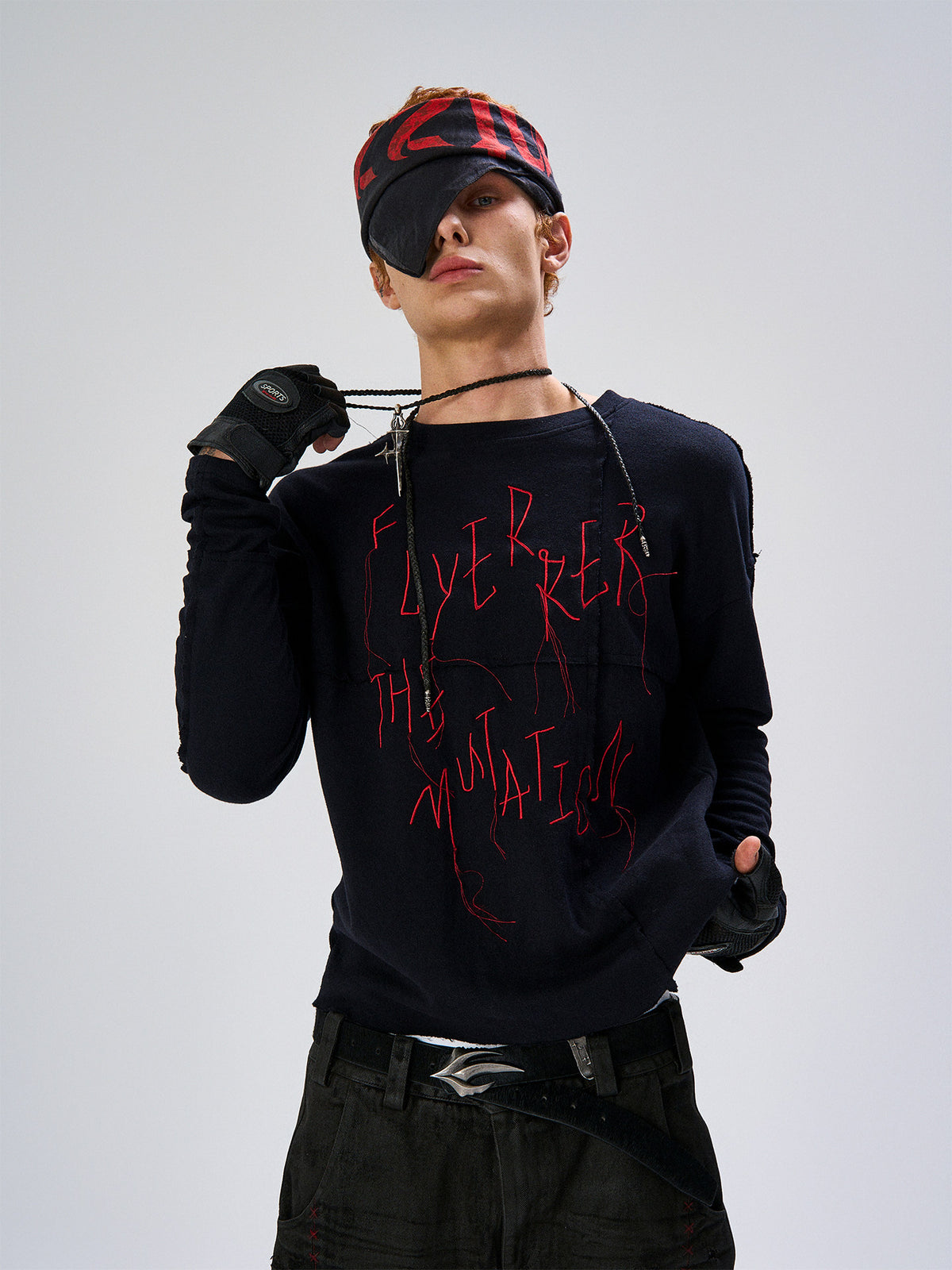 Irregular Panel Thorn Embroidery Long Sleeve T-Shirt WN27435