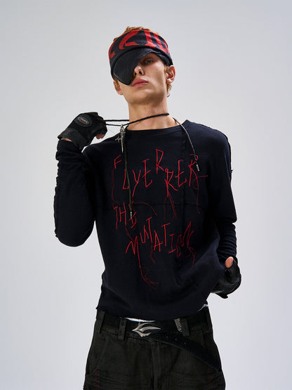 Irregular Panel Thorn Embroidery Long Sleeve T-Shirt WN27435
