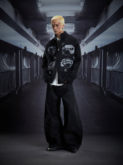 Portrait Print High-Neck Zipper Oversize Knit Cardigan WN22894