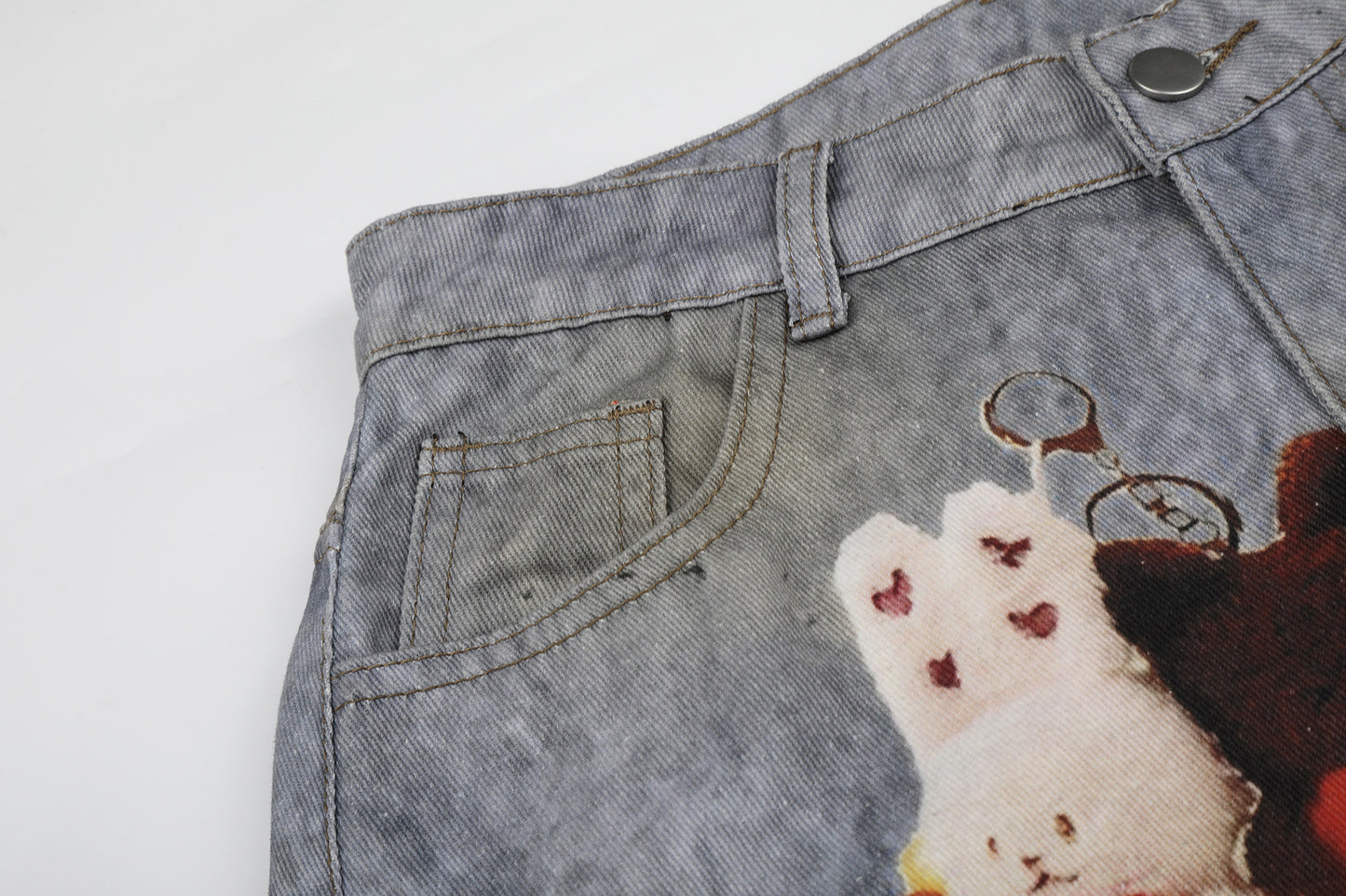 Washed Damage Embroidery Wide Leg Denim Jeans WN25388
