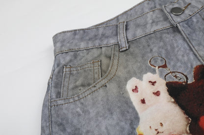 Washed Damage Embroidery Wide Leg Denim Jeans WN25388