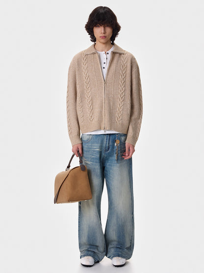 Herringbone Polo-Collar Thick Knit Cardigan WN21403