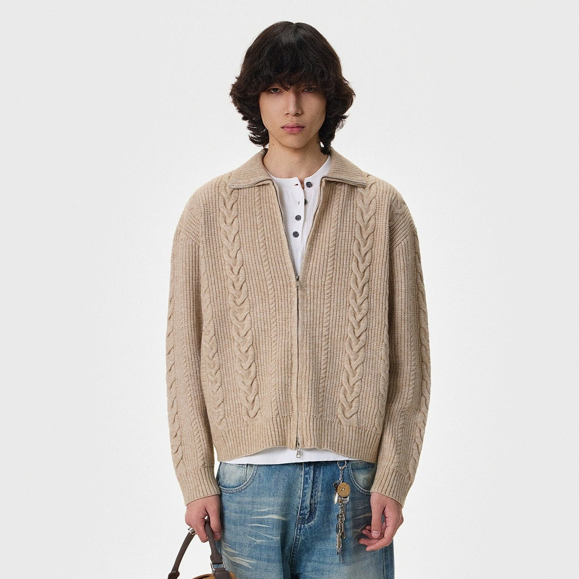 Herringbone Polo-Collar Thick Knit Cardigan WN21403