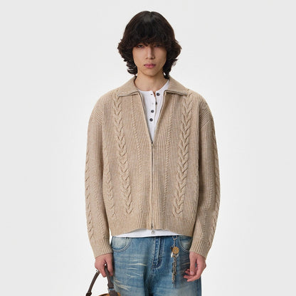 Herringbone Polo-Collar Thick Knit Cardigan WN21403