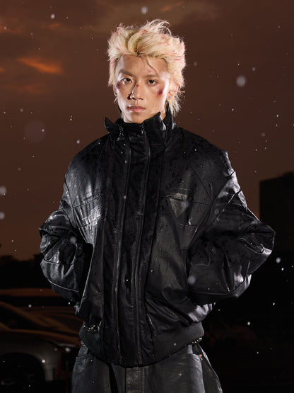 Waterproof Stand Neck PU Leather Puffer Jacket WN27130