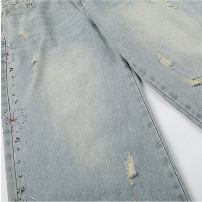 Washed Paint Studs Detail Wide Leg Denim Jeans WN25418