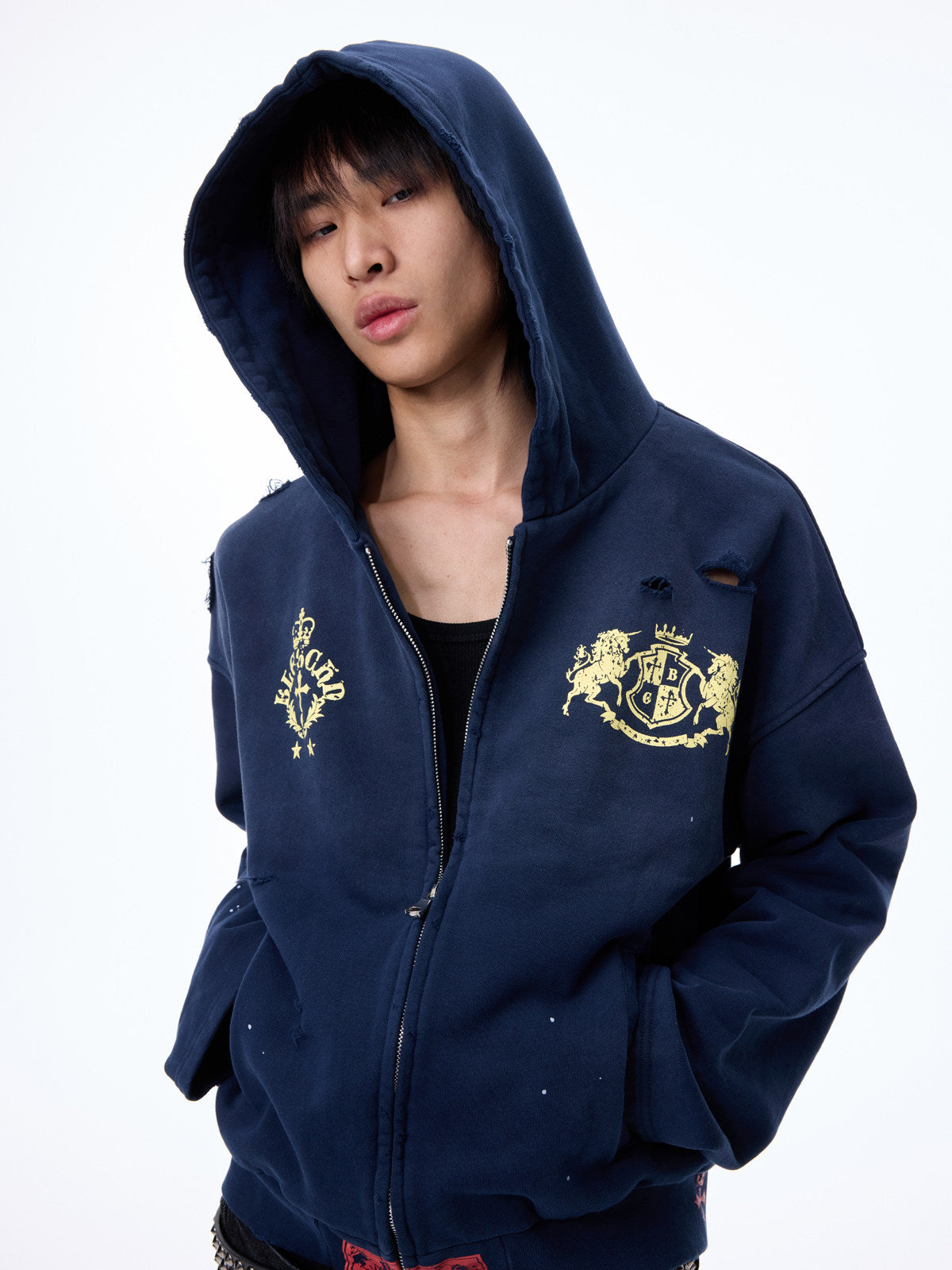 Washed Cutout Print Oversize Zipper Hoodie WN27320