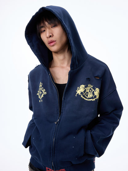 Washed Cutout Print Oversize Zipper Hoodie WN27320