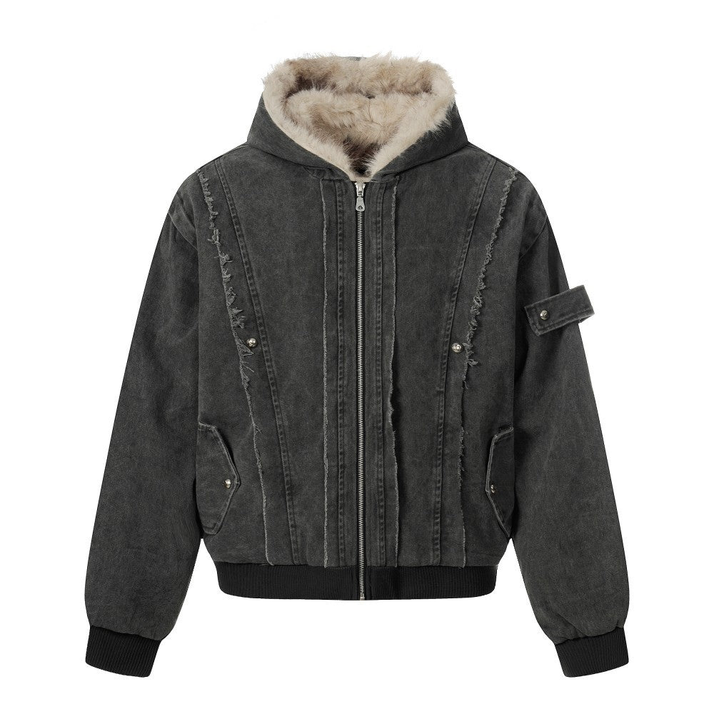 Fake Fur Collar Hooded Washed Canvas Puffer Jacket WN27836