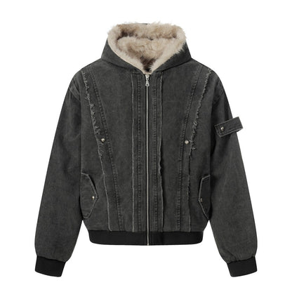 Fake Fur Collar Hooded Washed Canvas Puffer Jacket WN27836