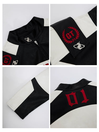 Logo Embroidery Colorblock PU Leather Jacket WN22593