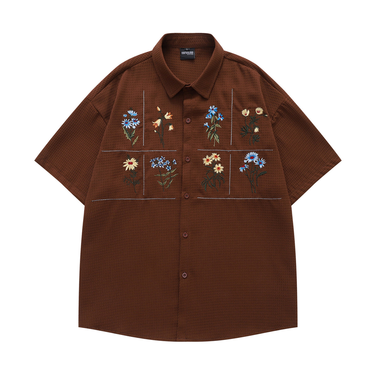 Flower Embroidery Waffle Short Sleeve Shirt WN26913