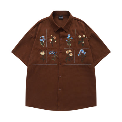 Flower Embroidery Waffle Short Sleeve Shirt WN26913