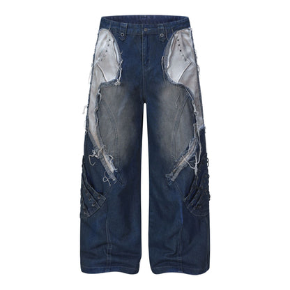 Heavyweight Washed Deconstructed Wide Leg Denim Jeans WN25745