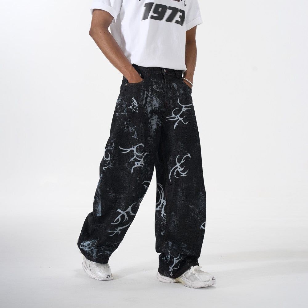 Graffiti Totem Print Wide Leg Denim Jeans WN27881