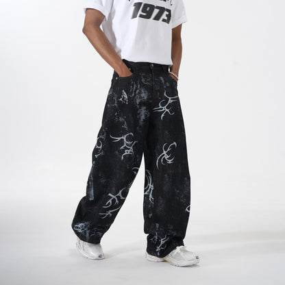 Graffiti Totem Print Wide Leg Denim Jeans WN27881