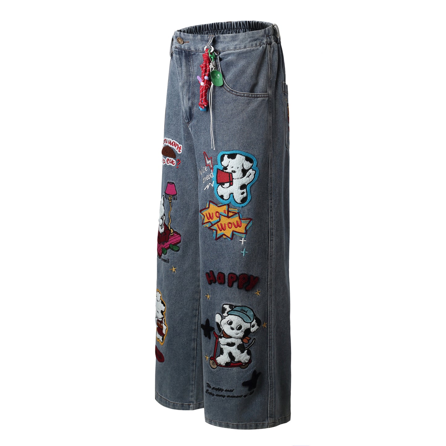 Cartoon Embroidery Wide Leg Denim Jeans WN26946